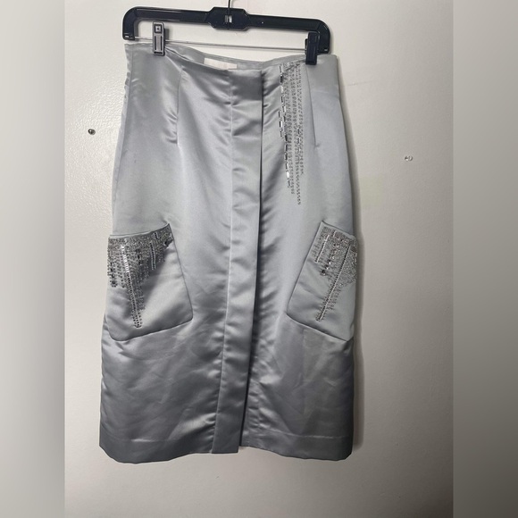 H&M Conscious Exclusive Clear Beads/Gems Silver Satin pencil Skirt - Picture 6 of 11